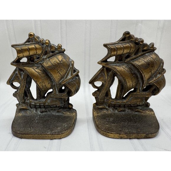 Vintage Traditional Brass Spanish Galleon Sailing Ship Bookends - A Pair - Picture 1 of 11